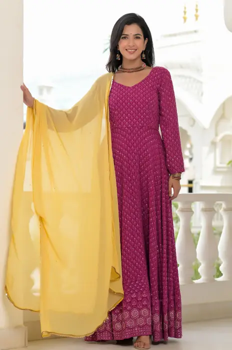 wine chikankari anarkali set
